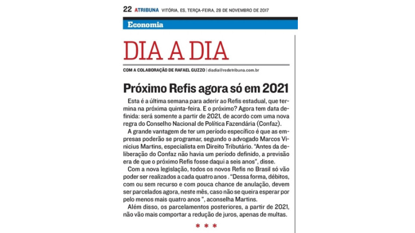 No jornal A Tribuna: próximo Refis, só a partir de 2021